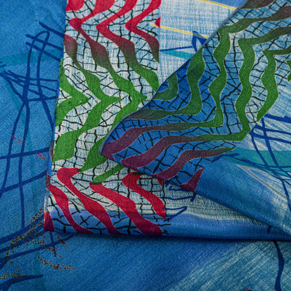 Sanskriti Vintage Saree Blue 100% Pure Crepe Floral Printed Sari 5.5+Yard Fabric
