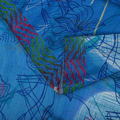 Sanskriti Vintage Saree Blue 100% Pure Crepe Floral Printed Sari 5.5+Yard Fabric