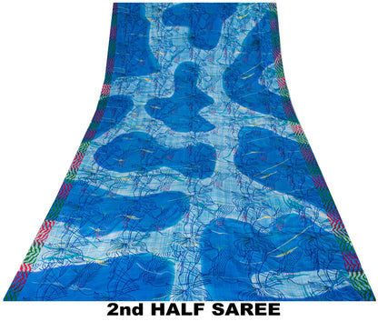Sanskriti Vintage Saree Blue 100% Pure Crepe Floral Printed Sari 5.5+Yard Fabric