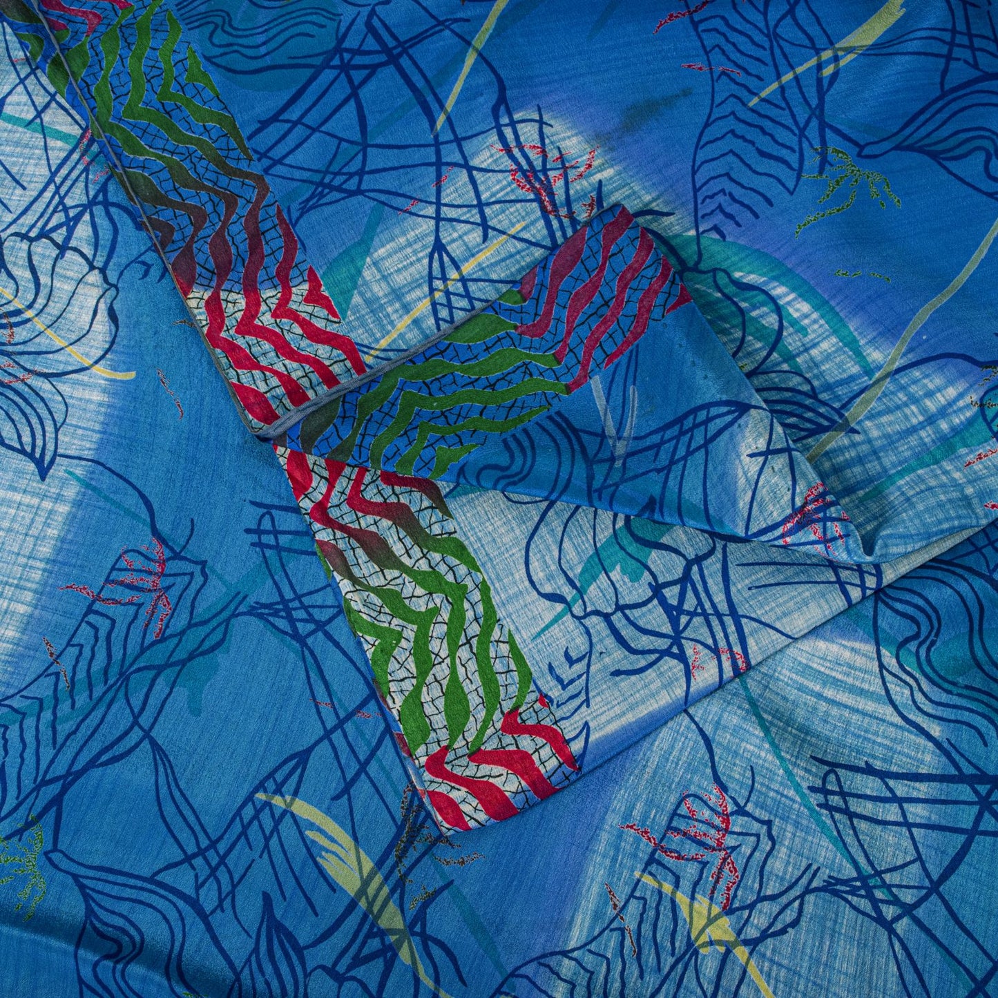 Sanskriti Vintage Saree Blue 100% Pure Crepe Floral Printed Sari 5.5+Yard Fabric