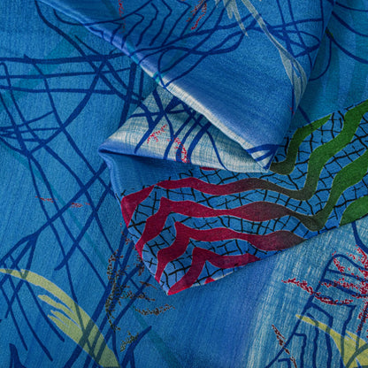 Sanskriti Vintage Saree Blue 100% Pure Crepe Floral Printed Sari 5.5+Yard Fabric