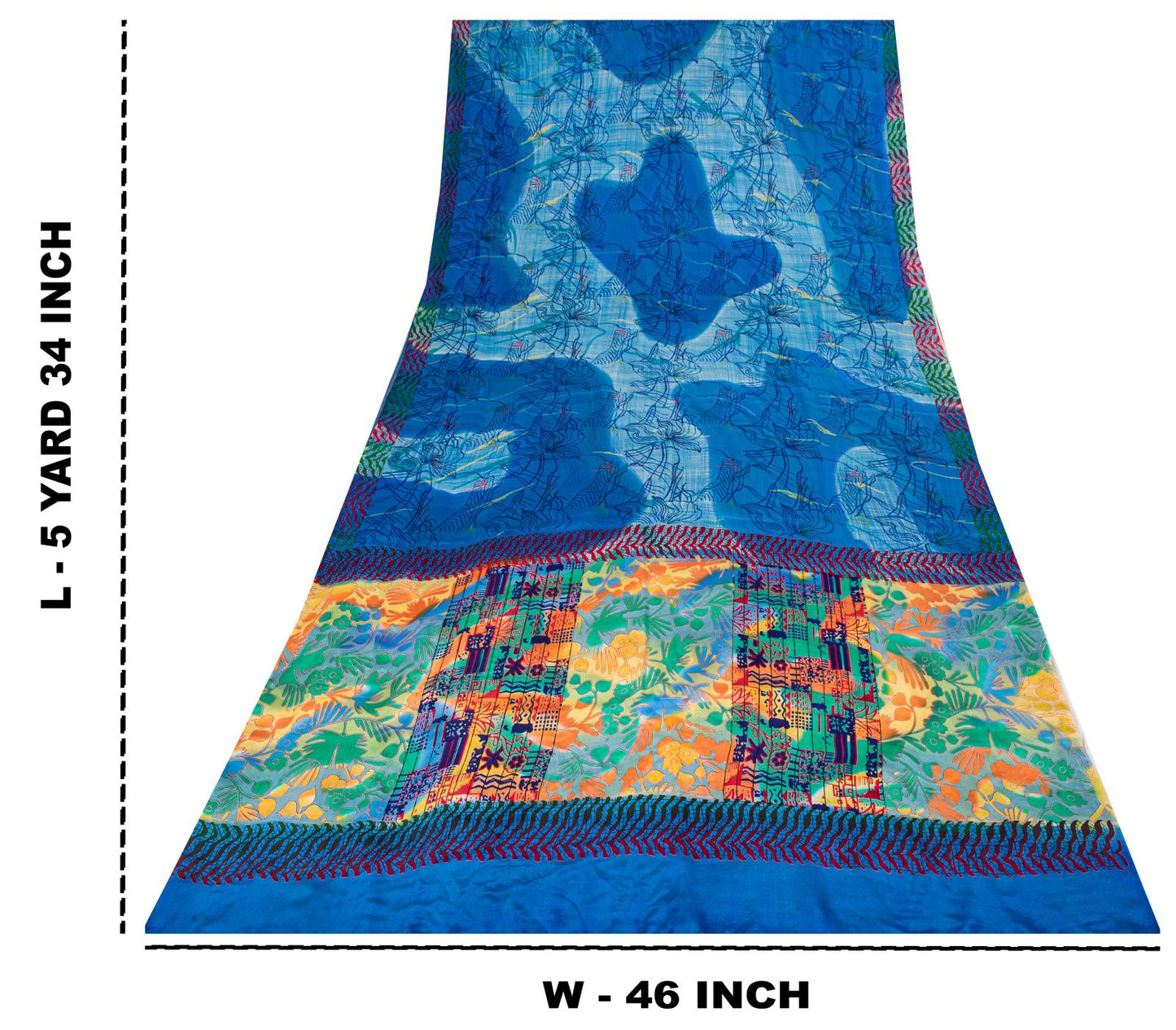Sanskriti Vintage Saree Blue 100% Pure Crepe Floral Printed Sari 5.5+Yard Fabric