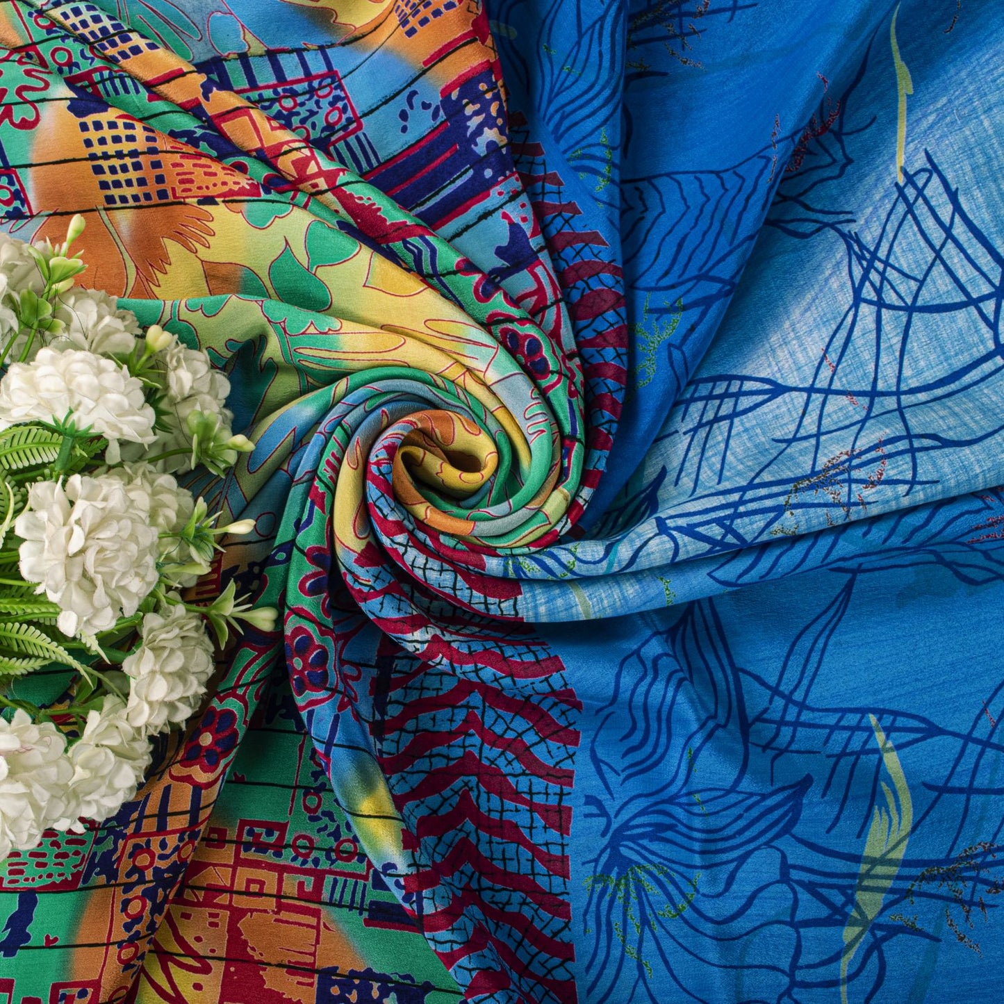 Sanskriti Vintage Saree Blue 100% Pure Crepe Floral Printed Sari 5.5+Yard Fabric
