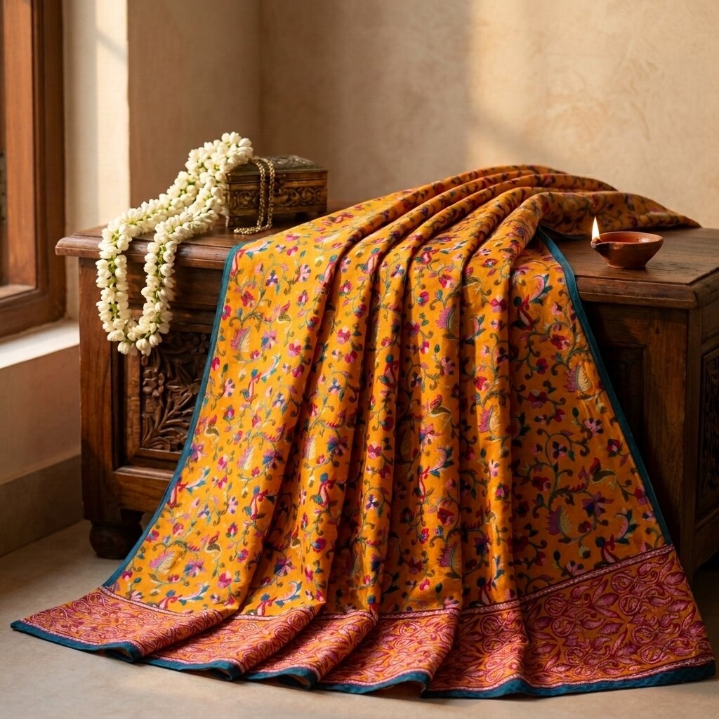 Sanskriti Vintage Saree Yelow Pure Crepe Kani Palla Printed Sari 5.5+Yard Fabric