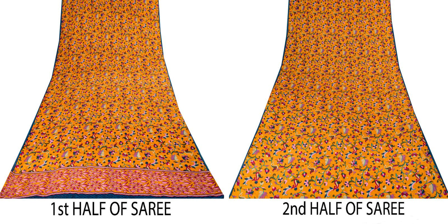 Sanskriti Vintage Saree Yelow Pure Crepe Kani Palla Printed Sari 5.5+Yard Fabric