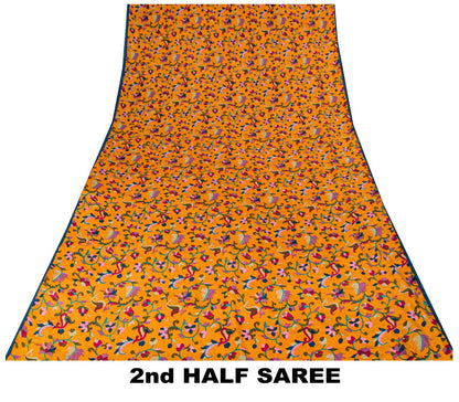 Sanskriti Vintage Saree Yelow Pure Crepe Kani Palla Printed Sari 5.5+Yard Fabric