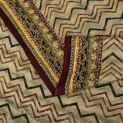 Sanskriti Vintage Saree Beige Pure Crepe Hand Embroidery Kantha Sari 6+Yd Fabric