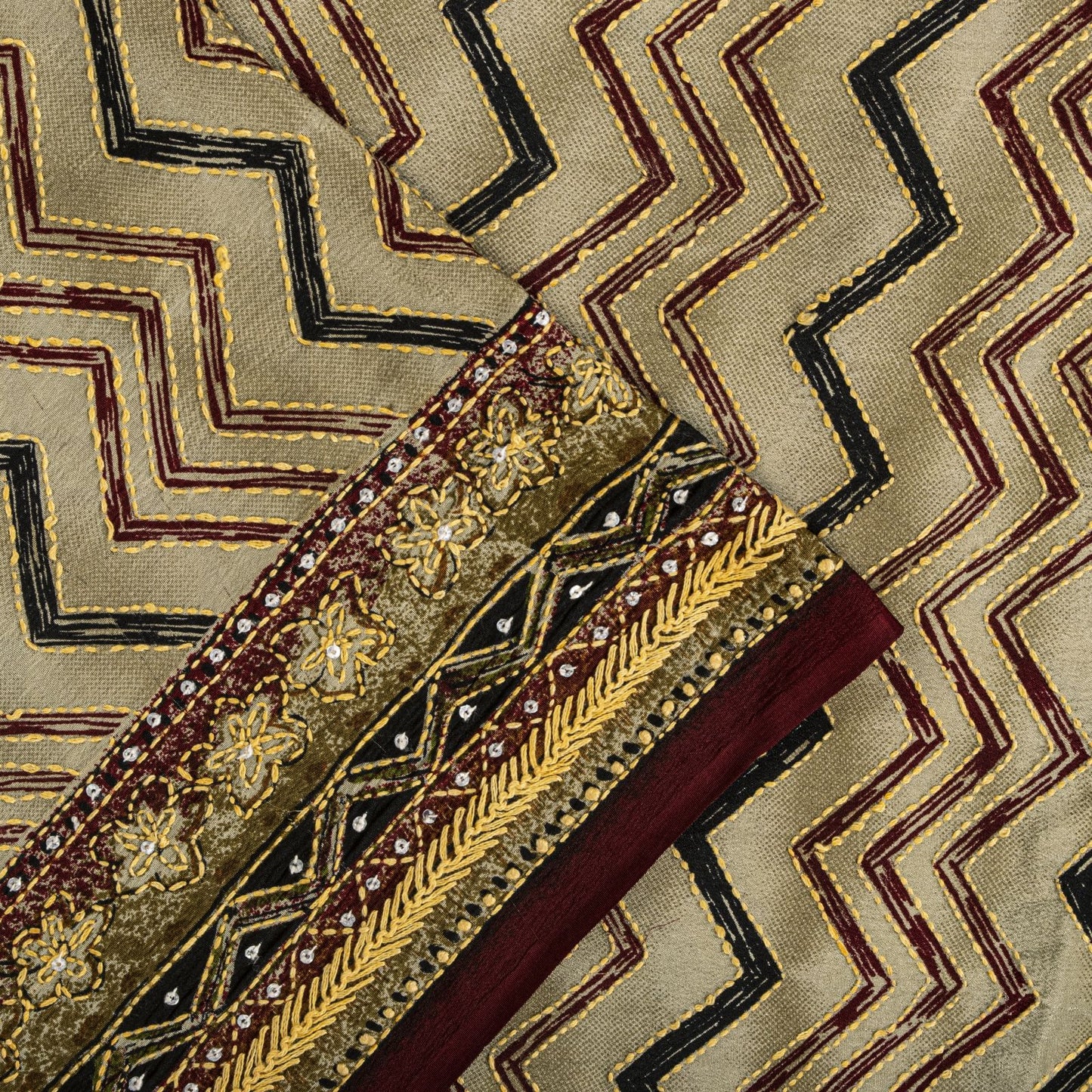 Sanskriti Vintage Saree Beige Pure Crepe Hand Embroidery Kantha Sari 6+Yd Fabric