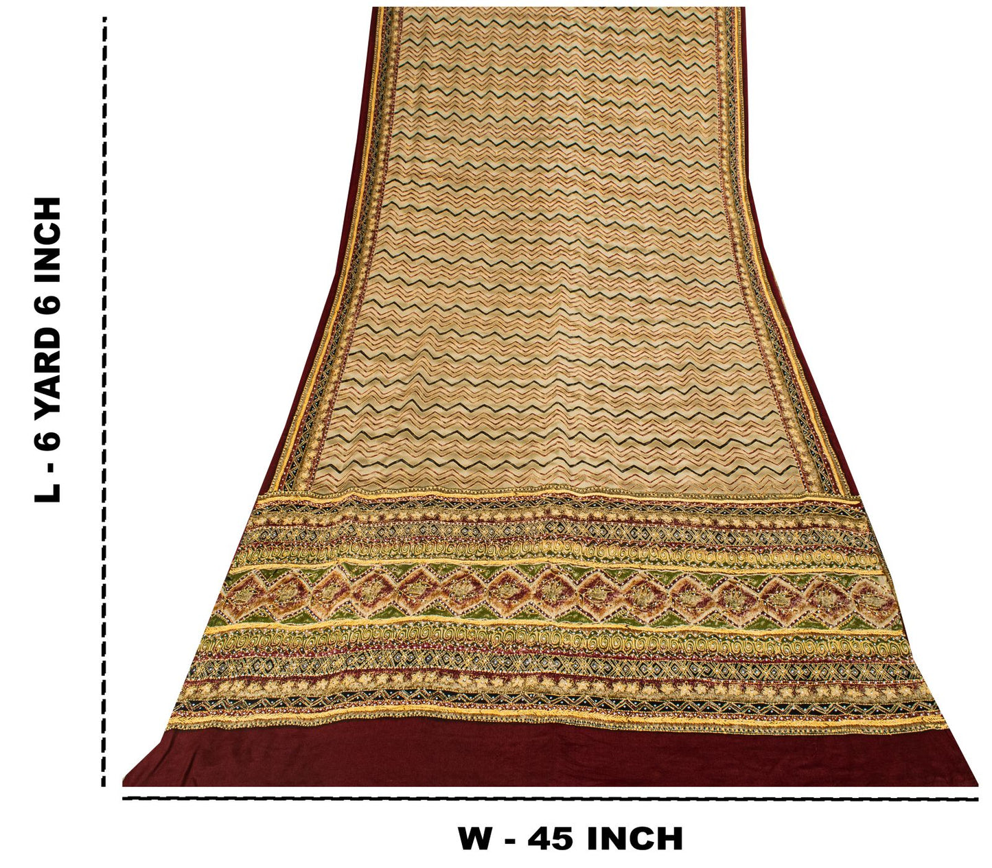 Sanskriti Vintage Saree Beige Pure Crepe Hand Embroidery Kantha Sari 6+Yd Fabric