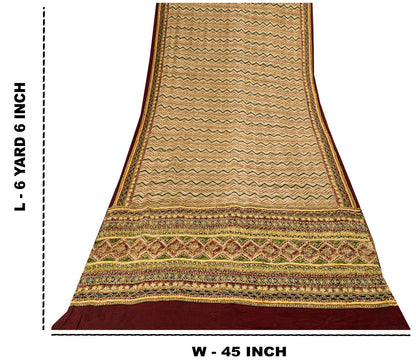 Sanskriti Vintage Saree Beige Pure Crepe Hand Embroidery Kantha Sari 6+Yd Fabric