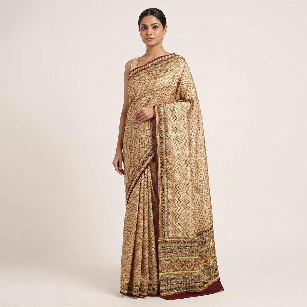 Sanskriti Vintage Saree Beige Pure Crepe Hand Embroidery Kantha Sari 6+Yd Fabric