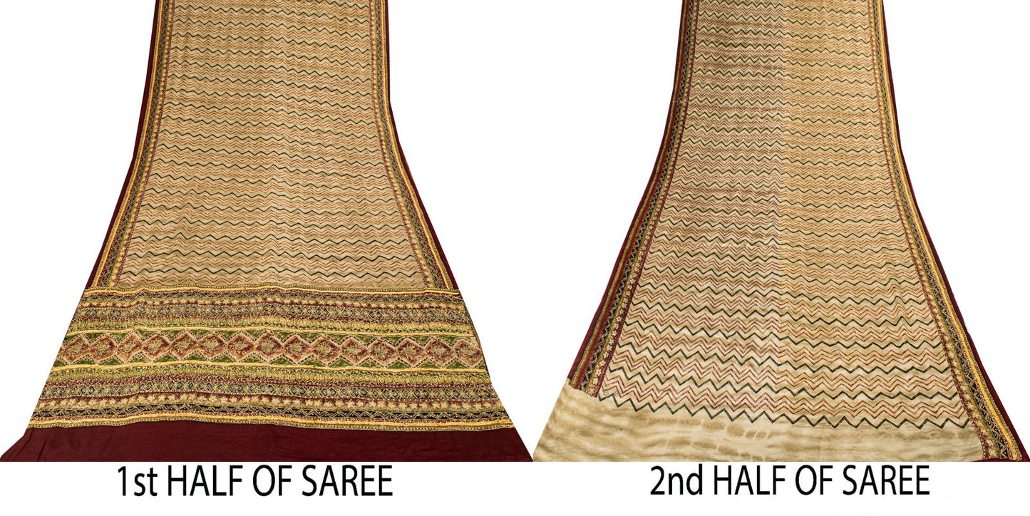 Sanskriti Vintage Saree Beige Pure Crepe Hand Embroidery Kantha Sari 6+Yd Fabric