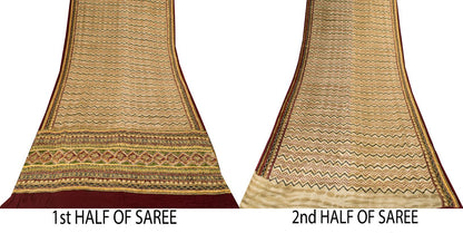 Sanskriti Vintage Saree Beige Pure Crepe Hand Embroidery Kantha Sari 6+Yd Fabric