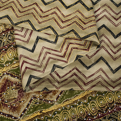 Sanskriti Vintage Saree Beige Pure Crepe Hand Embroidery Kantha Sari 6+Yd Fabric