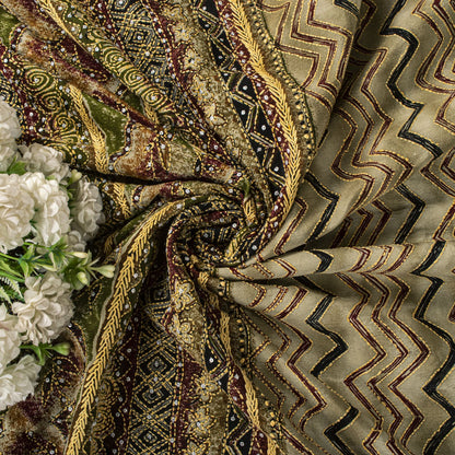 Sanskriti Vintage Saree Beige Pure Crepe Hand Embroidery Kantha Sari 6+Yd Fabric
