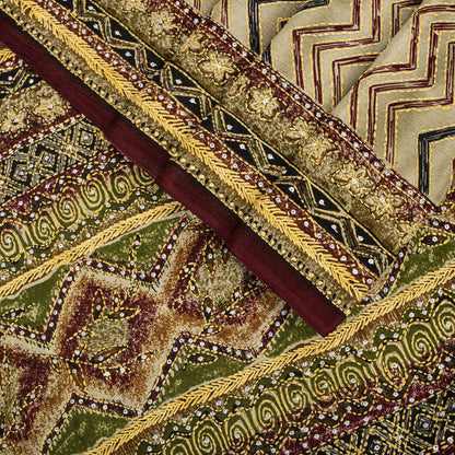 Sanskriti Vintage Saree Beige Pure Crepe Hand Embroidery Kantha Sari 6+Yd Fabric