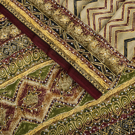 Sanskriti Vintage Saree Beige Pure Crepe Hand Embroidery Kantha Sari 6+Yd Fabric