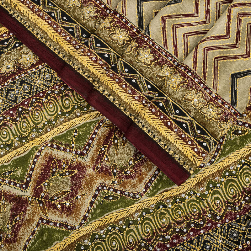 Sanskriti Vintage Saree Beige Pure Crepe Hand Embroidery Kantha Sari 6+Yd Fabric