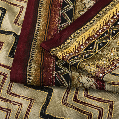 Sanskriti Vintage Saree Beige Pure Crepe Hand Embroidery Kantha Sari 6+Yd Fabric