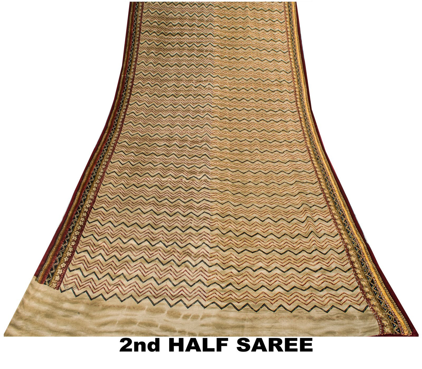Sanskriti Vintage Saree Beige Pure Crepe Hand Embroidery Kantha Sari 6+Yd Fabric