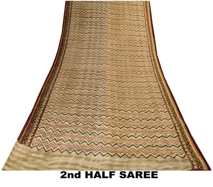 Sanskriti Vintage Saree Beige Pure Crepe Hand Embroidery Kantha Sari 6+Yd Fabric