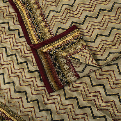 Sanskriti Vintage Saree Beige Pure Crepe Hand Embroidery Kantha Sari 6+Yd Fabric