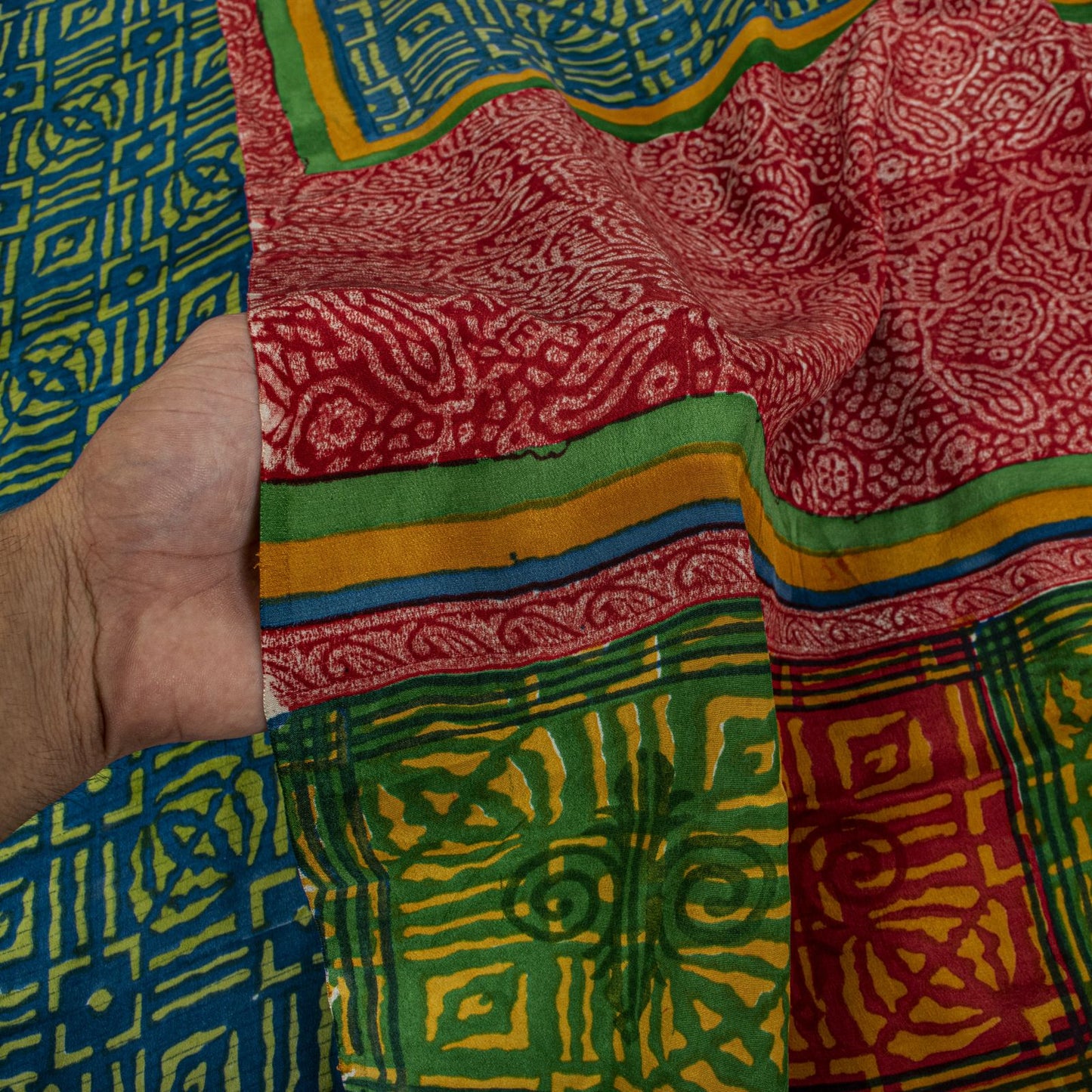 Sanskriti Vintage Saree Blue-Green Pure Crepe Ajrakh Print Sari 5.5+Yard Fabric