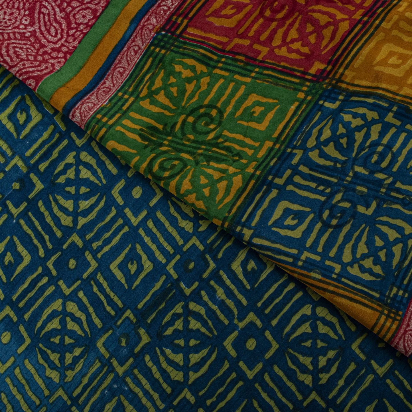 Sanskriti Vintage Saree Blue-Green Pure Crepe Ajrakh Print Sari 5.5+Yard Fabric