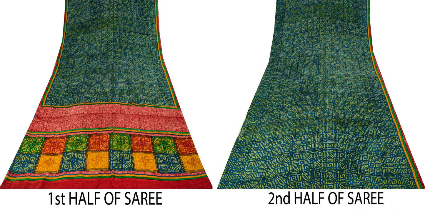 Sanskriti Vintage Saree Blue-Green Pure Crepe Ajrakh Print Sari 5.5+Yard Fabric
