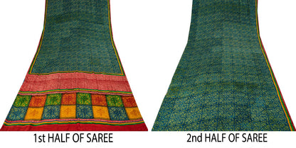 Sanskriti Vintage Saree Blue-Green Pure Crepe Ajrakh Print Sari 5.5+Yard Fabric