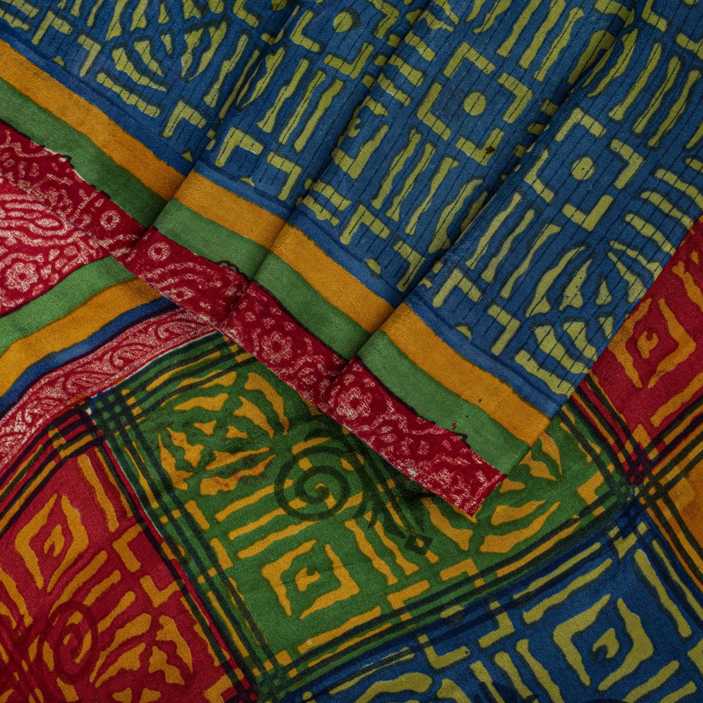 Sanskriti Vintage Saree Blue-Green Pure Crepe Ajrakh Print Sari 5.5+Yard Fabric