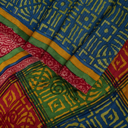 Sanskriti Vintage Saree Blue-Green Pure Crepe Ajrakh Print Sari 5.5+Yard Fabric