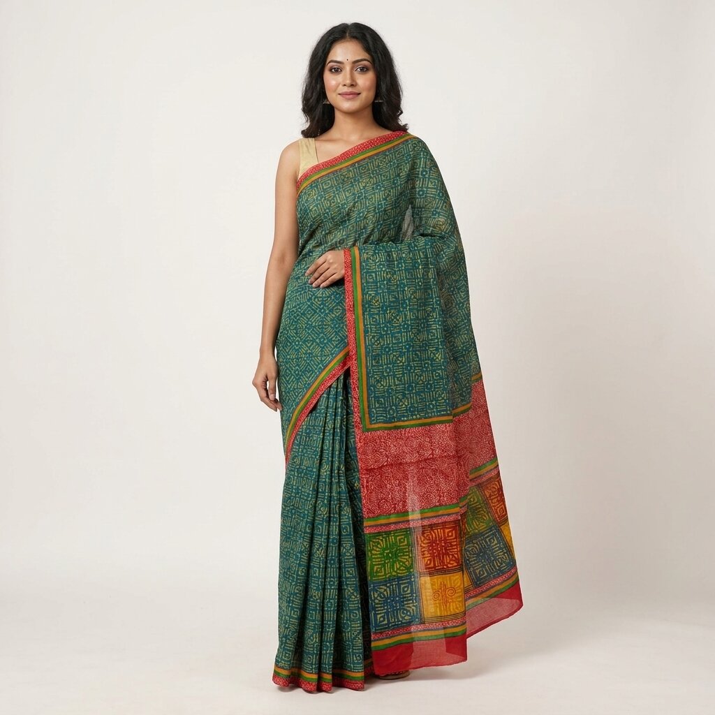 Sanskriti Vintage Saree Blue-Green Pure Crepe Ajrakh Print Sari 5.5+Yard Fabric