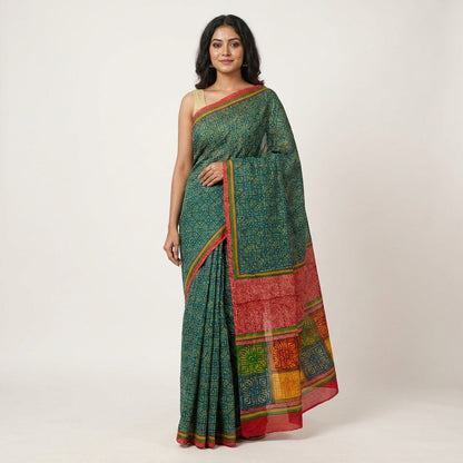 Sanskriti Vintage Saree Blue-Green Pure Crepe Ajrakh Print Sari 5.5+Yard Fabric