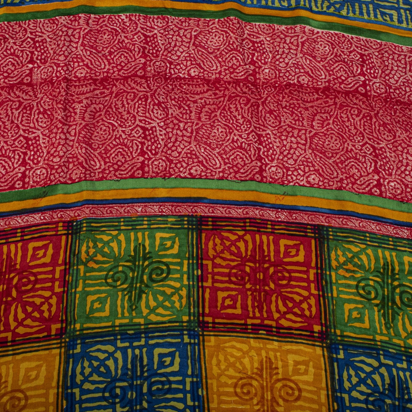 Sanskriti Vintage Saree Blue-Green Pure Crepe Ajrakh Print Sari 5.5+Yard Fabric