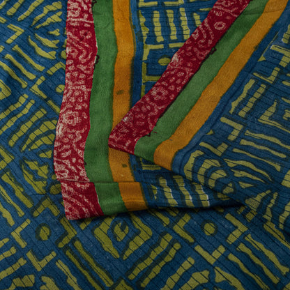Sanskriti Vintage Saree Blue-Green Pure Crepe Ajrakh Print Sari 5.5+Yard Fabric