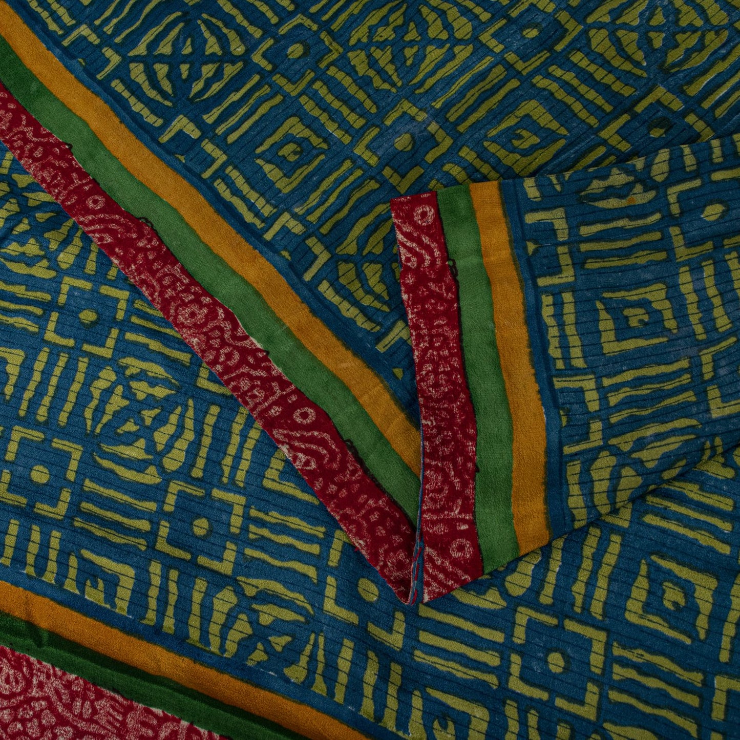 Sanskriti Vintage Saree Blue-Green Pure Crepe Ajrakh Print Sari 5.5+Yard Fabric