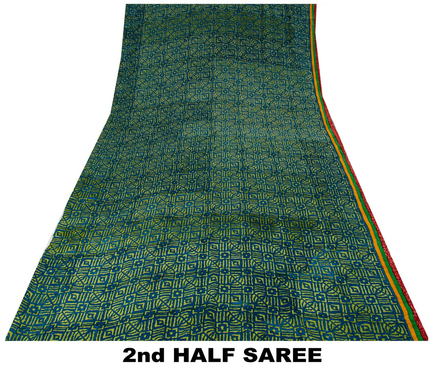 Sanskriti Vintage Saree Blue-Green Pure Crepe Ajrakh Print Sari 5.5+Yard Fabric