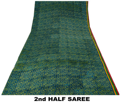 Sanskriti Vintage Saree Blue-Green Pure Crepe Ajrakh Print Sari 5.5+Yard Fabric