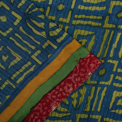 Sanskriti Vintage Saree Blue-Green Pure Crepe Ajrakh Print Sari 5.5+Yard Fabric