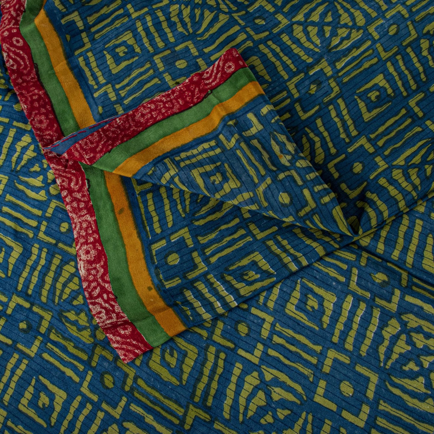 Sanskriti Vintage Saree Blue-Green Pure Crepe Ajrakh Print Sari 5.5+Yard Fabric