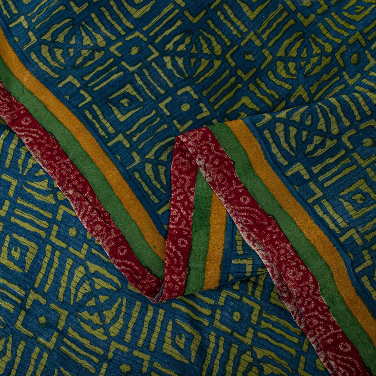 Sanskriti Vintage Saree Blue-Green Pure Crepe Ajrakh Print Sari 5.5+Yard Fabric