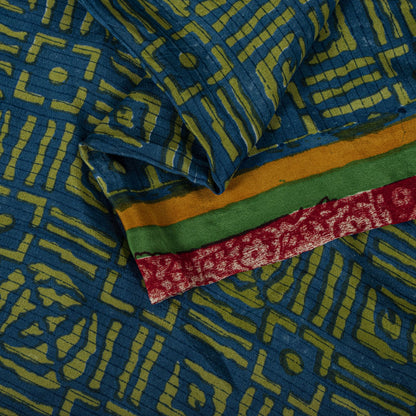 Sanskriti Vintage Saree Blue-Green Pure Crepe Ajrakh Print Sari 5.5+Yard Fabric