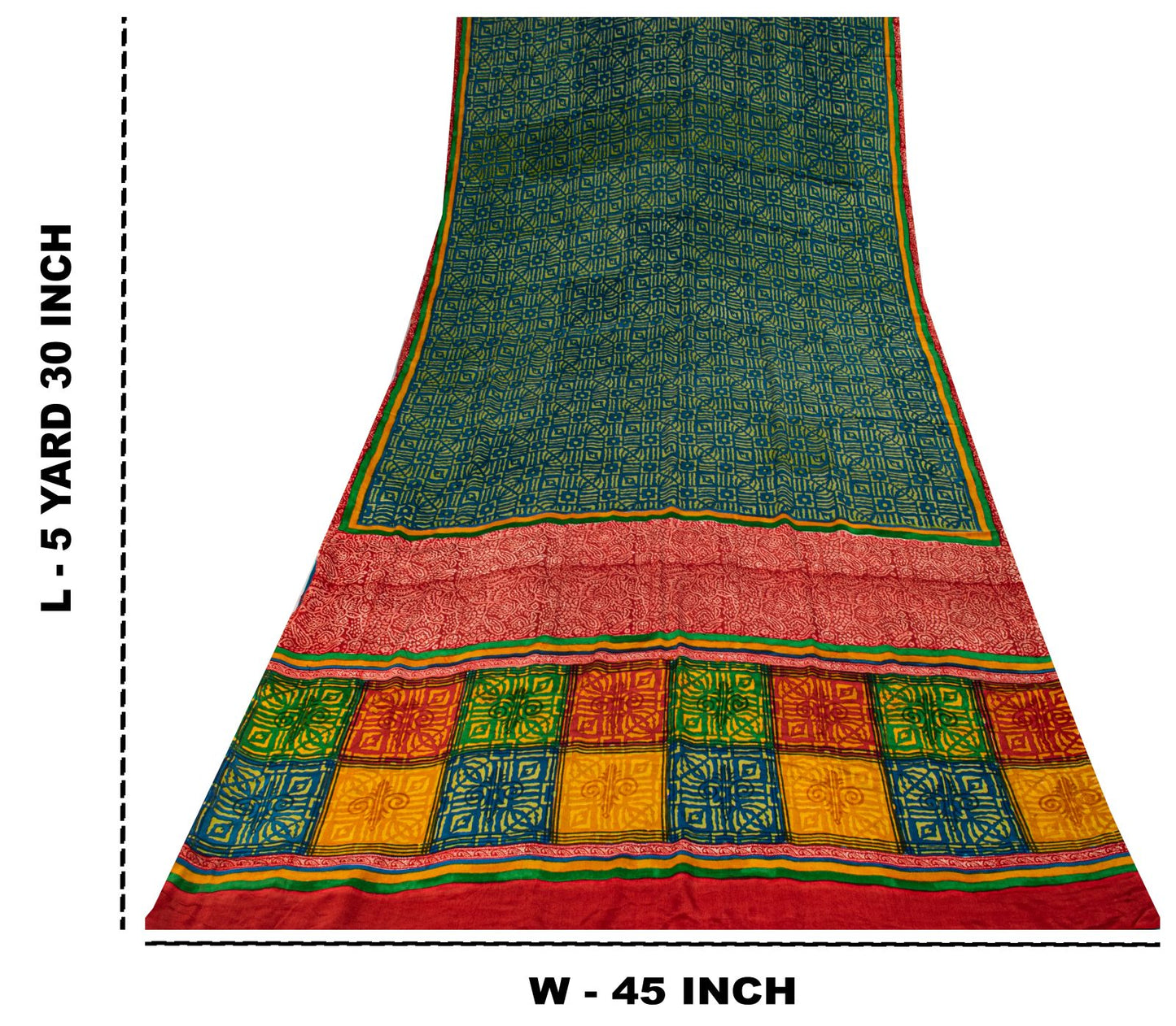 Sanskriti Vintage Saree Blue-Green Pure Crepe Ajrakh Print Sari 5.5+Yard Fabric