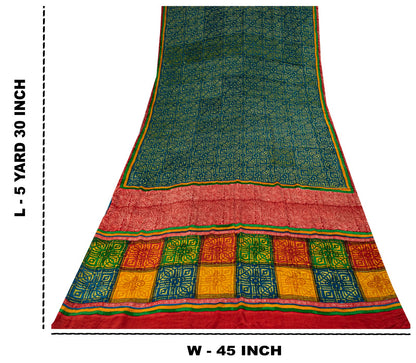 Sanskriti Vintage Saree Blue-Green Pure Crepe Ajrakh Print Sari 5.5+Yard Fabric