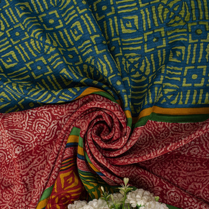 Sanskriti Vintage Saree Blue-Green Pure Crepe Ajrakh Print Sari 5.5+Yard Fabric