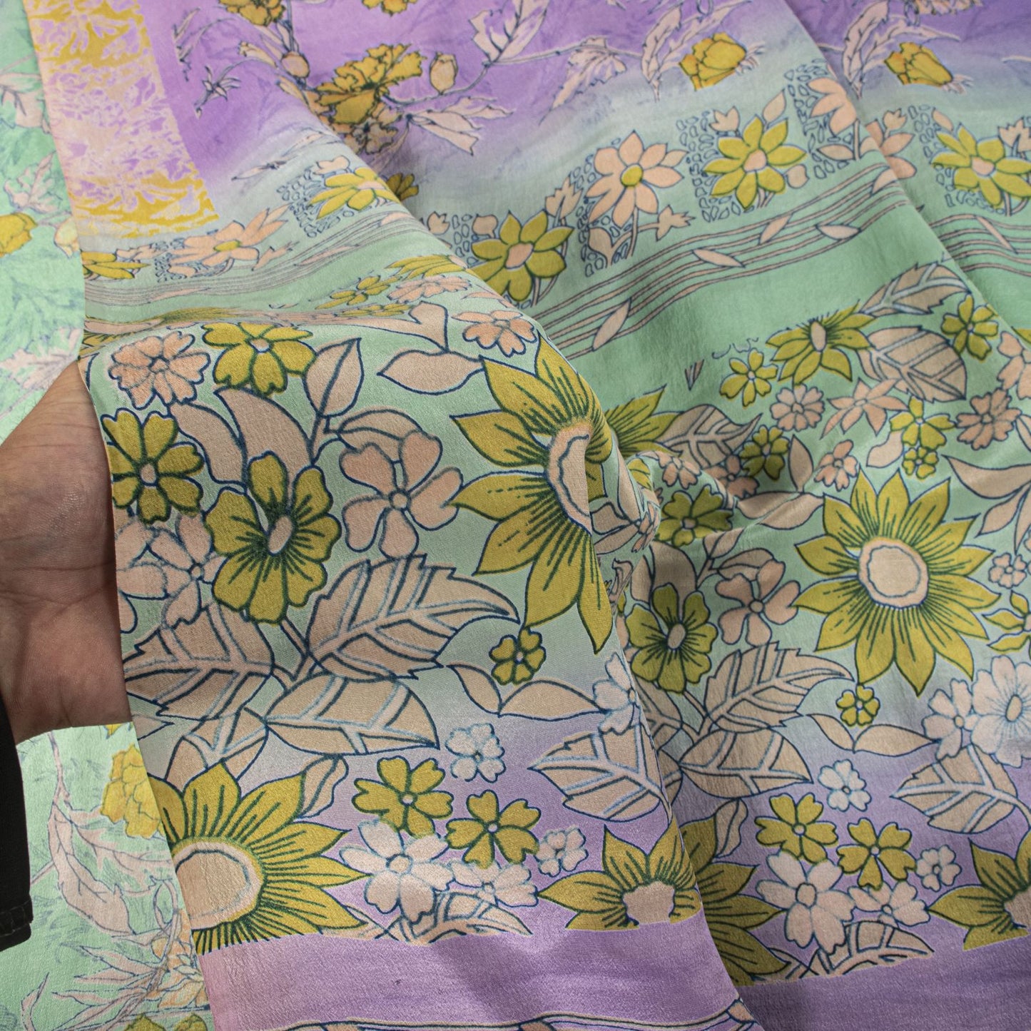 Sanskriti Vintage Saree Purple-Green Pure Crepe Floral Print Sari 5.5+Yd Fabric