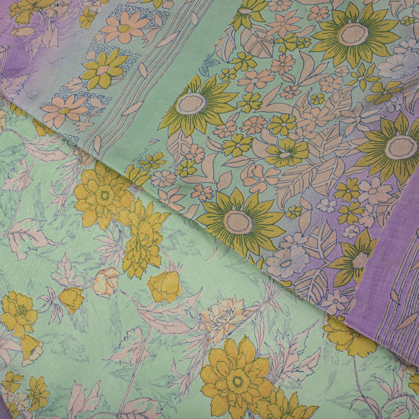 Sanskriti Vintage Saree Purple-Green Pure Crepe Floral Print Sari 5.5+Yd Fabric