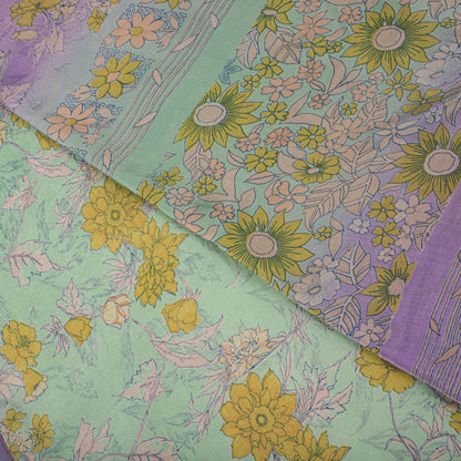 Sanskriti Vintage Saree Purple-Green Pure Crepe Floral Print Sari 5.5+Yd Fabric