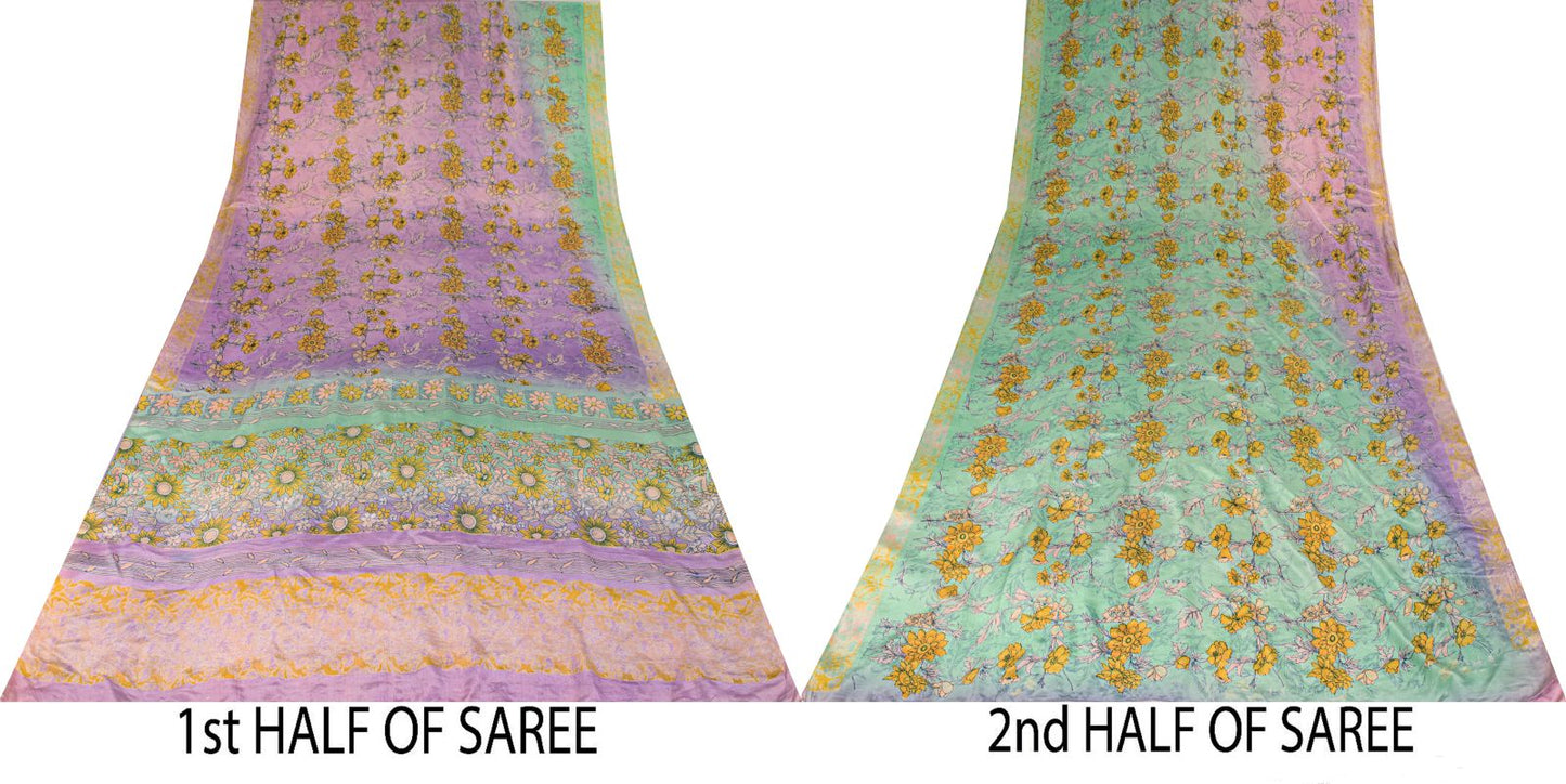 Sanskriti Vintage Saree Purple-Green Pure Crepe Floral Print Sari 5.5+Yd Fabric